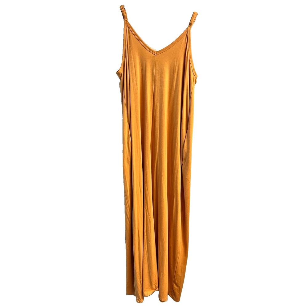 Women's L Brown Solid Knit V-Neck Strappy Adjustable Strap Maxi Slip Dress